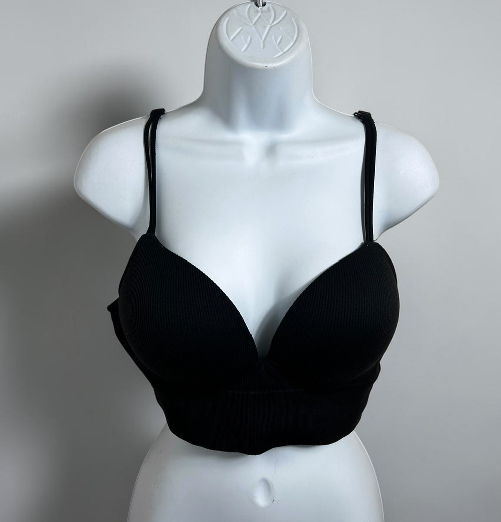No Boundaries Black Bralette Sz Large 11/13 Ribbed Padded Plunge Stretch Bra